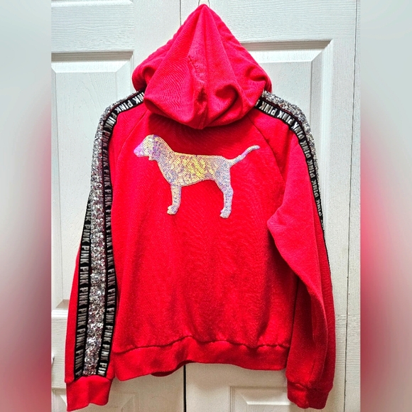 PINK By Victoria Secret Red Women's Long Sleeves Hoodie Sequins Bling Size Large - Picture 1 of 9